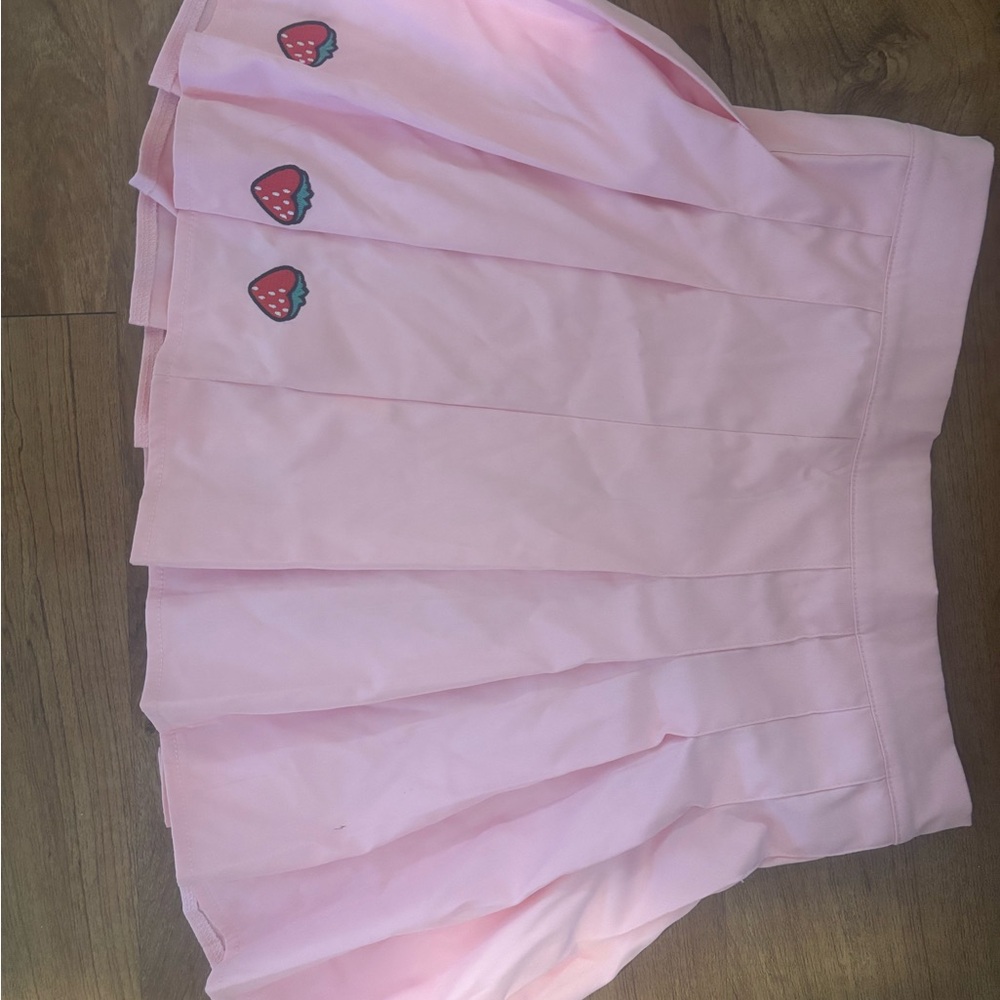 ROMWE Light Pink Skater Skirt with Strawberry Details